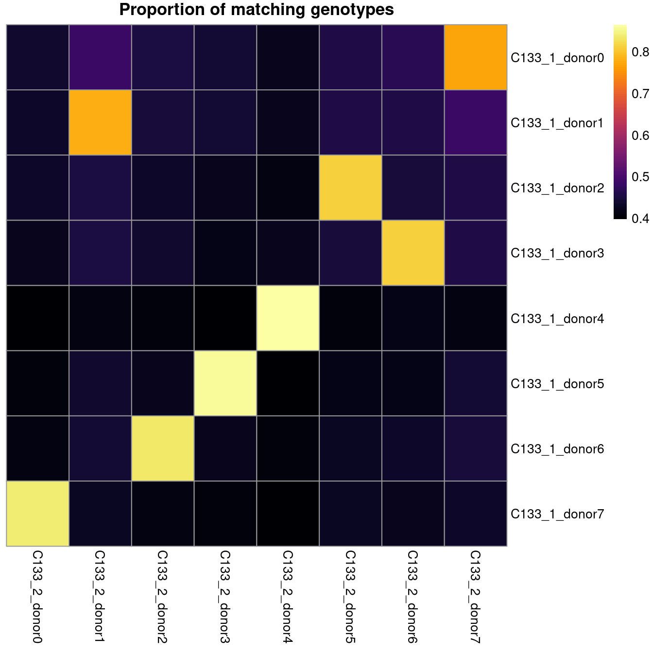 Proportion of matching genotypes between capture `C133_1` (rows) and capture `C133_2` (columns).